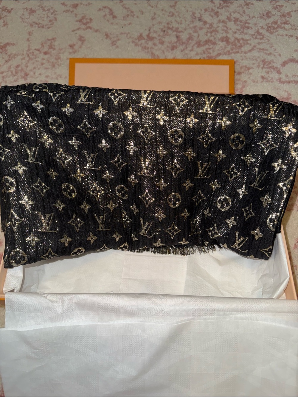 Louis Vuitton Black and Gold Glitter Monogram Shawl